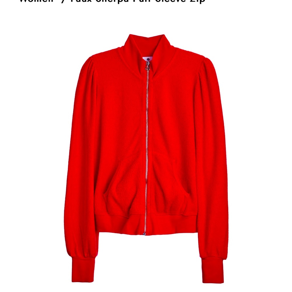 Sundry Faux Sherpa Zip Puff Sleeve in Red